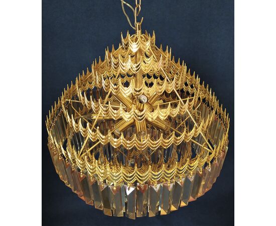 Lampadario tondo in metallo dorato e pendenti di cristallo - Ø cm 50 (B)