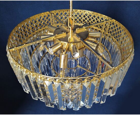 Lampadario tondo in metallo dorato e pendenti di cristallo - Ø cm 50 (A)