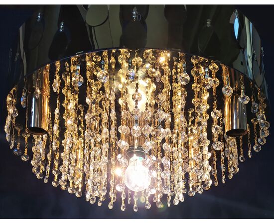 Lampadario tondo in metallo dorato e pendenti di vetro - Ø cm 50 (C)