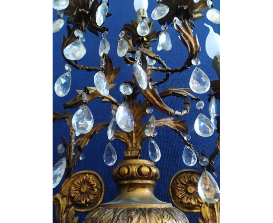 Coppia di appliques 5 luci in legno, cristallo e metallo - Francia XIX sec.