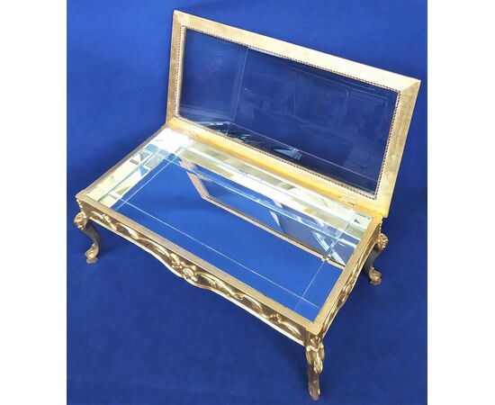 Coffee table in legno dorato, specchio e vetro - Italia metà XX sec.