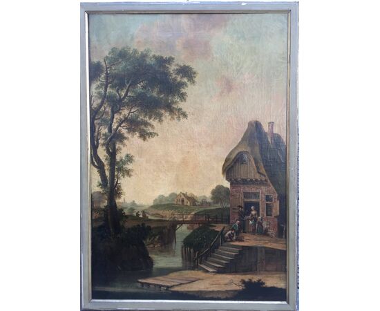 Scuola nord europea del XVIII secolo  a) "Paesaggio fluviale con figure"  b) "Scena con contadini"