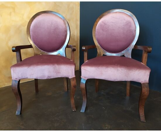 Pair of armchairs in briar and purple velvet - 20th century     