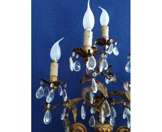Pair of 5 lights appliques in wood, crystal and metal - France 19th century     