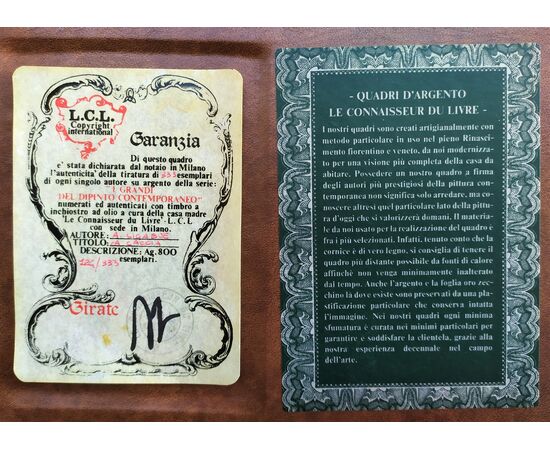 24kt gold leaf silkscreen on 800 silver &quot;La Caccia&quot; - A. Ligabue     