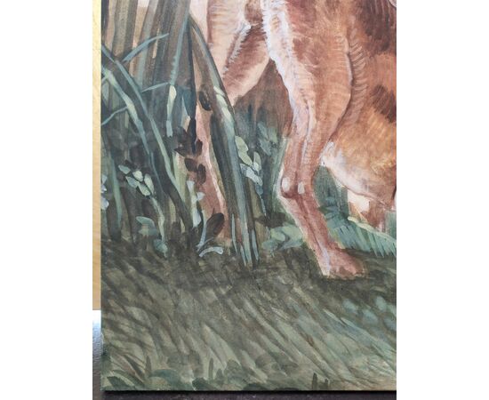 Large painting on canvas &quot;Hounds in the Woods&quot; Italy - 20th century.     