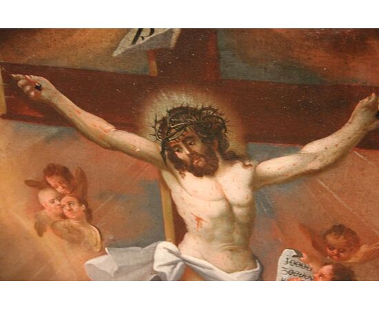 Olio su tela francese del 1700 Raffigurante Crocifissione Gesù con le Tre Marie 