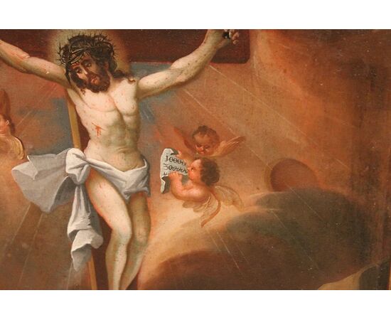 Olio su tela francese del 1700 Raffigurante Crocifissione Gesù con le Tre Marie 