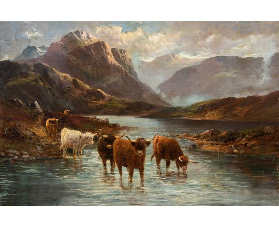Pittore delle Highlands (fine XIX sec.) - Bestiame delle Highlands al lago.