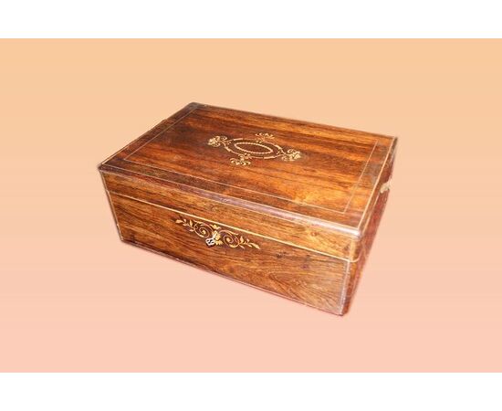 Grande scatola francese intarsiata del 1800 in legno di palissandro 