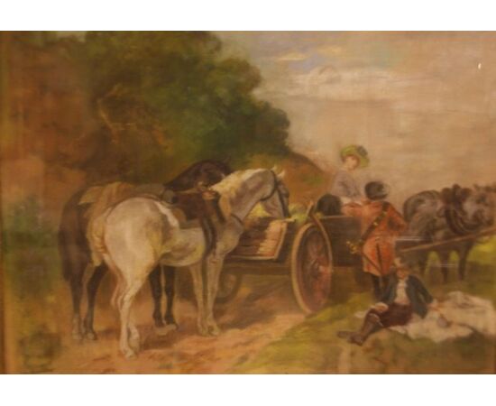 Antico pastello raffigurante paesaggio campestre con carro e personaggi
