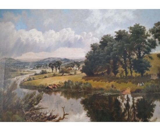 Olio su tela inglese del 1800 raffigurante paesaggio fluviale 