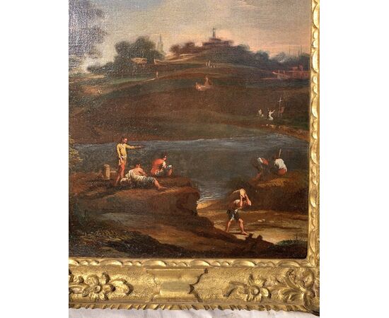 Pittore veneziano (XVIII sec.) - Paesaggio fluviale con personaggi.