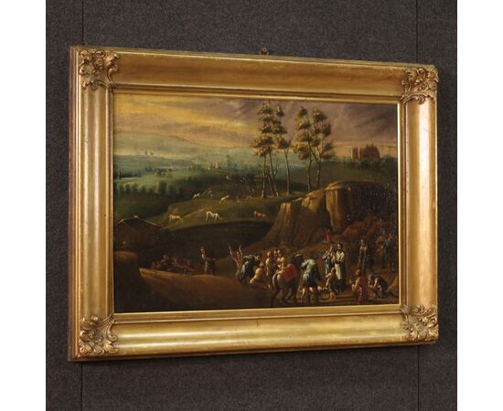 Italian painting landscape with wayfarers from the 18th century