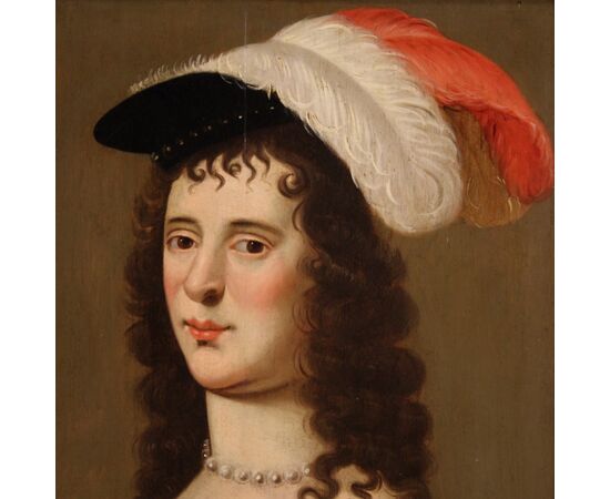Antico quadro ritratto di dama, olio su tavola del XVIII secolo