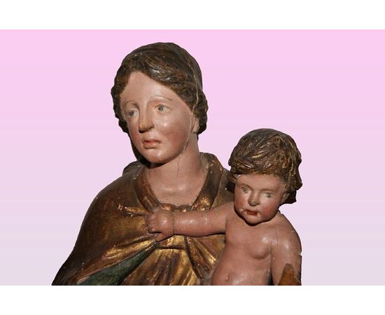 Statua in legno "Madonna con bambin Gesù" di fine 1600 inizio 1700