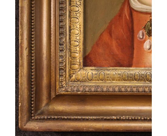 Antico quadro ritratto di dama, olio su tavola del XVIII secolo