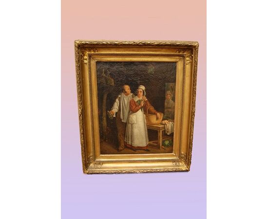 Antico quadro del 1800 francese Scena di interni olio su tela 