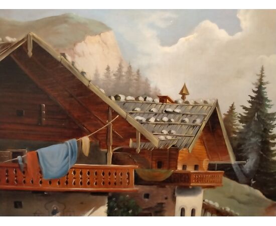 Olio su tela austriaco del 1800 raffigurante paese di montagna e animali