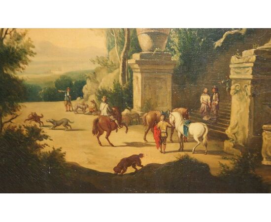 Olio su tela dipinto francese Rovine e Scene di Caccia di inizio 1900