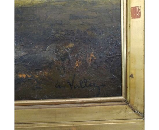 Dipinto olio su tela di E. Vallèe raffigurante un paesaggio campestre in cornice in foglia oro zecchino del XIX secolo 