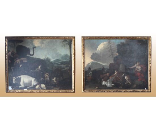 Coppia di stupendi quadri del 1700 olio su tela raffiguranti la Creazione del Mondo
