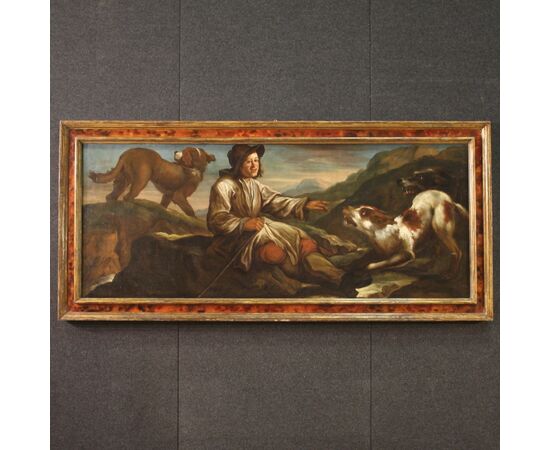 Grande dipinto del XVII secolo, il pastore con i suoi cani