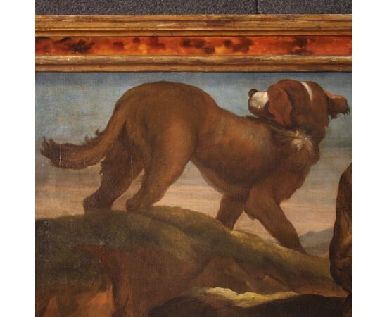 Grande dipinto del XVII secolo, il pastore con i suoi cani