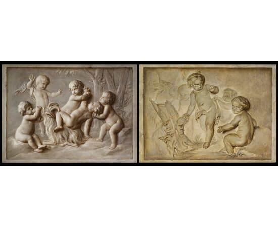 Coppia di dipinti, olio su tela, raffiguranti trompe l’oeil con giochi di putti, attribuibili a Piat Joseph Sauvage (Tournai, 1744 – 1818)