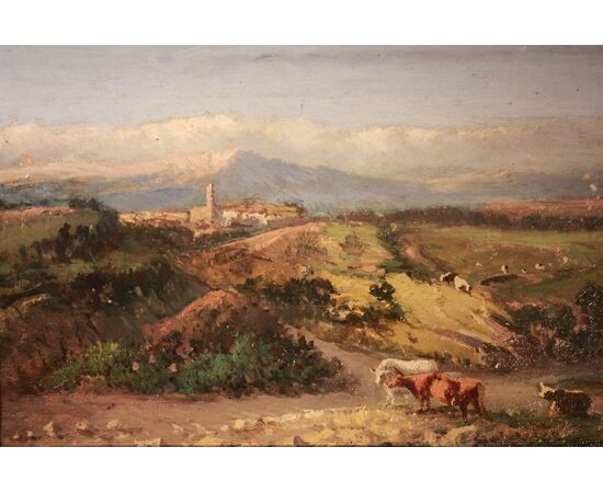 Paesaggio alpino con armenti, olio su cartone XIXsec.(acquarello villa con giardino all'italiana sul retro)