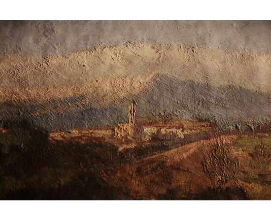 Paesaggio alpino con armenti, olio su cartone XIXsec.(acquarello villa con giardino all'italiana sul retro)