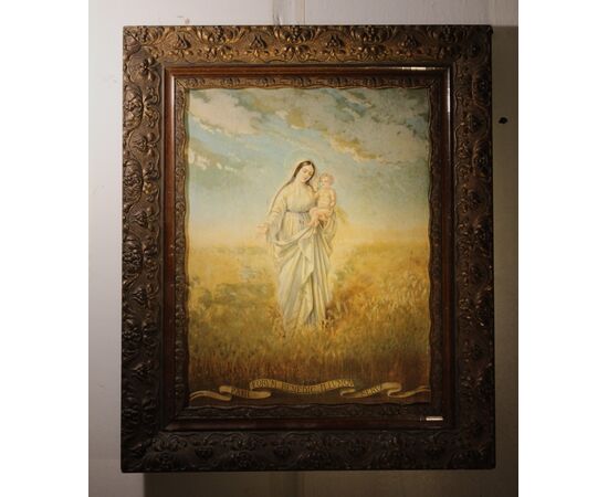 Madonna con Bambino protettrice del grano e dei pani iscrizione latina | Dipinto olio su tavola 