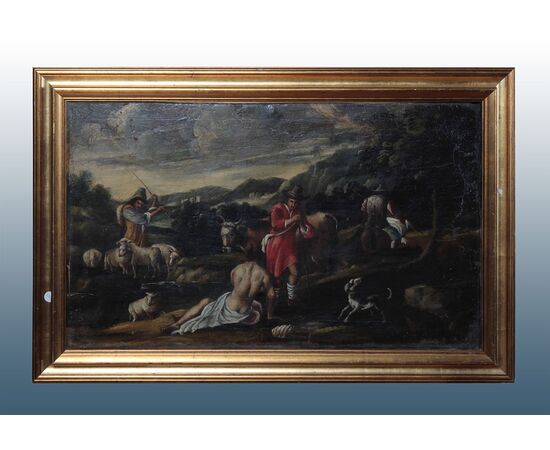 Antico quadro italiano del 1600 olio su tela paesaggio bucolico con animali e personaggi
