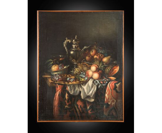 Dipinto antico olio su tela di provenienza Fiamminga raffigurante natura morta con frutta. Periodo XVIII secolo.