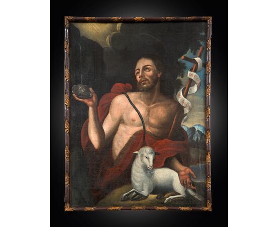 Dipinto antico olio su tela raffigurante San Giovanni Battista. Toscana XVIII secolo.