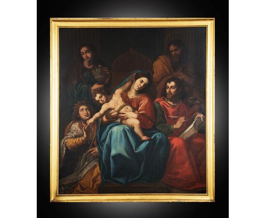 Dipinto antico olio su tela raffigurante il Matrimonio mistico di Santa Caterina. Napoli XVIII secolo.