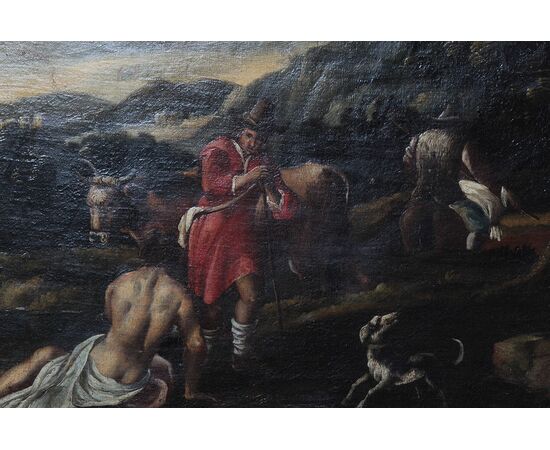 Antico quadro italiano del 1600 olio su tela paesaggio bucolico con animali e personaggi