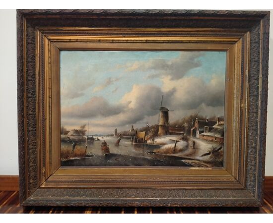 Olio su tela olandese del 1800 firmato paesaggio con fiume ghiacciato