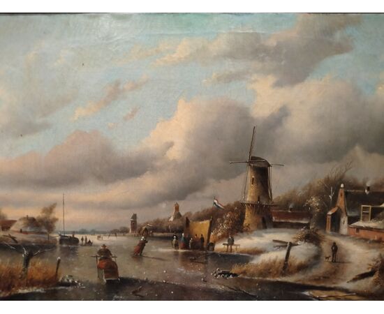 Olio su tela olandese del 1800 firmato paesaggio con fiume ghiacciato