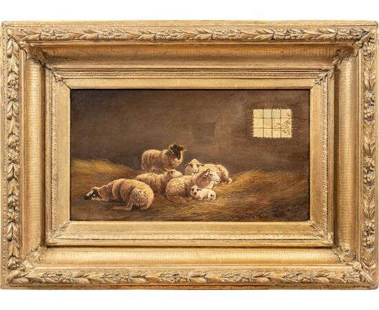 Pittore italiano (XIX sec.) - Pecore nella stalla.