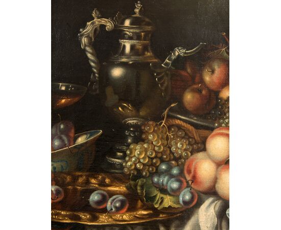 Dipinto antico olio su tela di provenienza Fiamminga raffigurante natura morta con frutta. Periodo XVIII secolo.