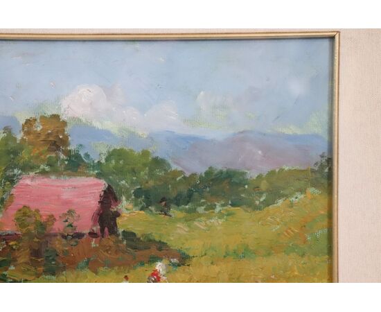 Amedeo Merello, Paesaggio di campagna con contadini, Olio su tela PREZZO TRATTABILE