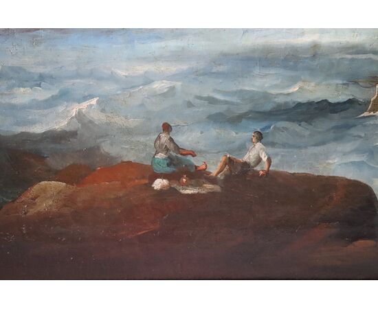 Dipinto antico scena costiera con galeoni, XVIII secolo, Olio su tela PREZZO TRATTABILE