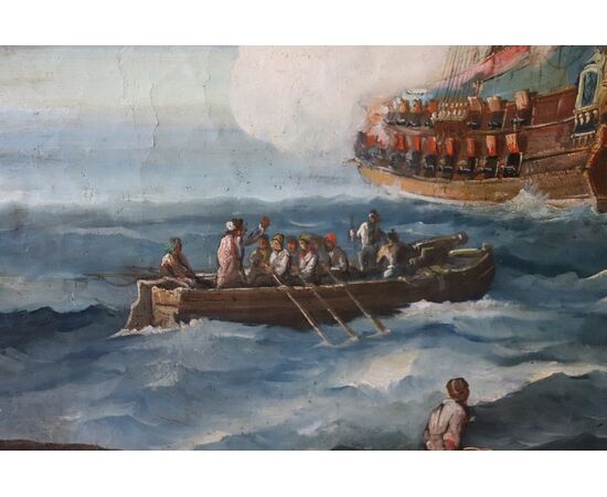 Dipinto antico scena costiera con galeoni, XVIII secolo, Olio su tela PREZZO TRATTABILE