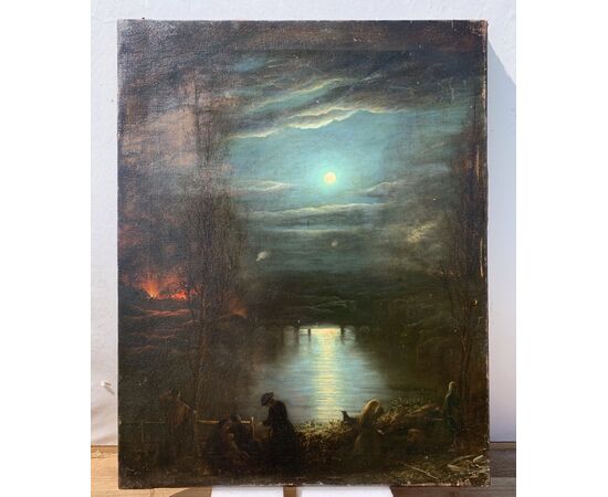 Pittore italiano (inizi XIX sec.) - Paesaggio al chiaro di luna con incendio.