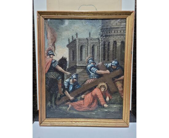 Dipinto Via Crucis Cristo che porta croce al calvario - Bertuzzi Nicola Secolo XVIII