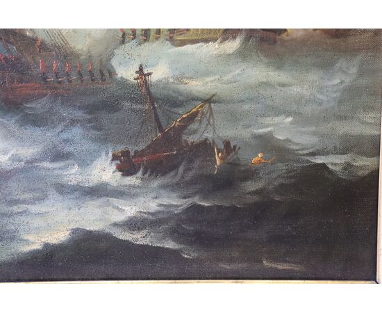 Dipinto antico Battaglia tra galeoni, XIX secolo, olio su tela PREZZO TRATTABILE