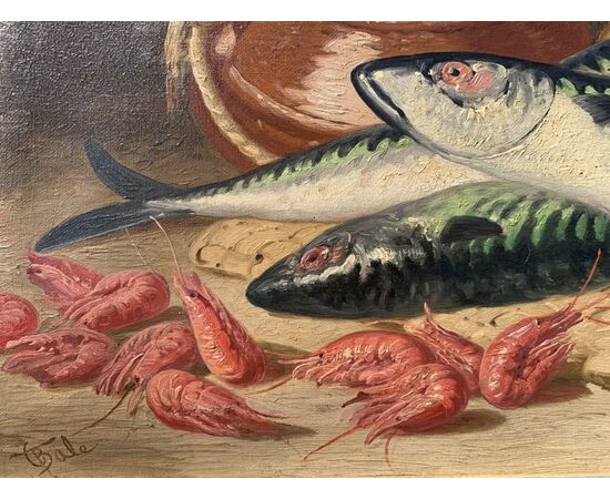 Charles Thomas Bale (British, 1866 - 1895) - Natura morta di pesci e gamberi.