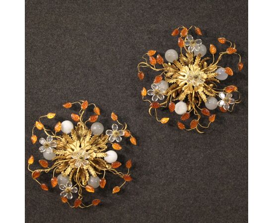 Pair of wall lights in golden metal with colored glass