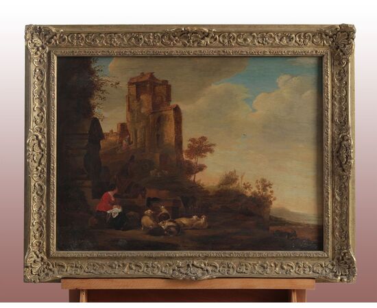 Olio su tavola del 1700 raffigurante paesaggio fiammingo con rovine